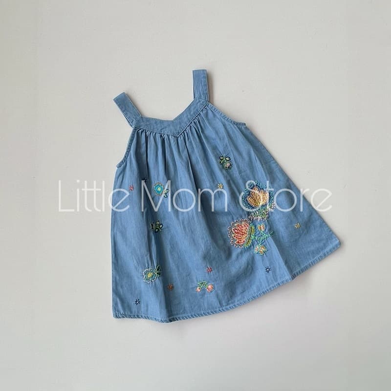 Çiçek Desenli Denim Elbise